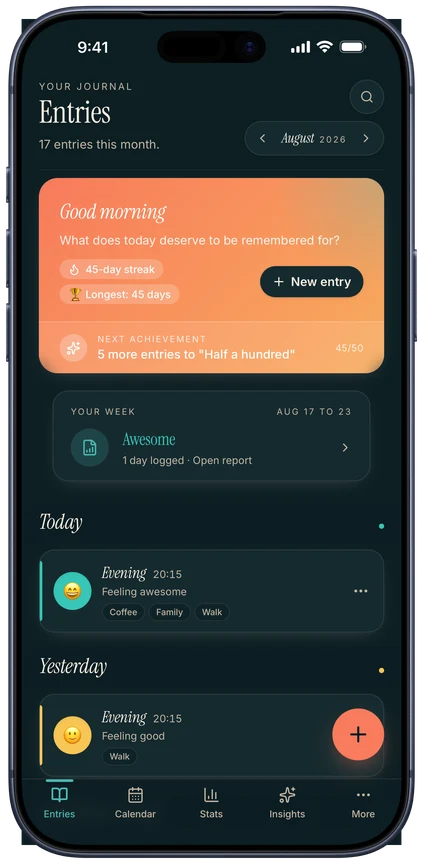 Daylune's journal screen on iPhone, showing a day's mood entries and streak